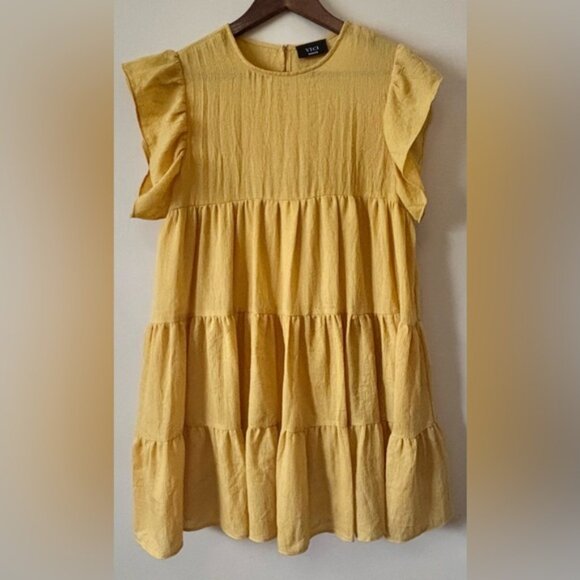 Vici| Summery Yellow Tiered Ruffle Babydoll Cap Sleeve Lined Mini Dress Sz M - Picture 2 of 6